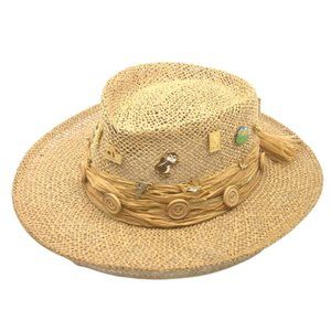 VINTAGE 1960s LADIES' PANAMA PORK PIE STRAW 3" BRIM HAT~w/21 GOLF PIN CHARMS